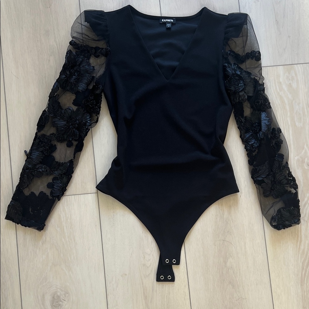 Express V-Neck Bodysuit with Sheer Embroidered Sleeves NWOT
